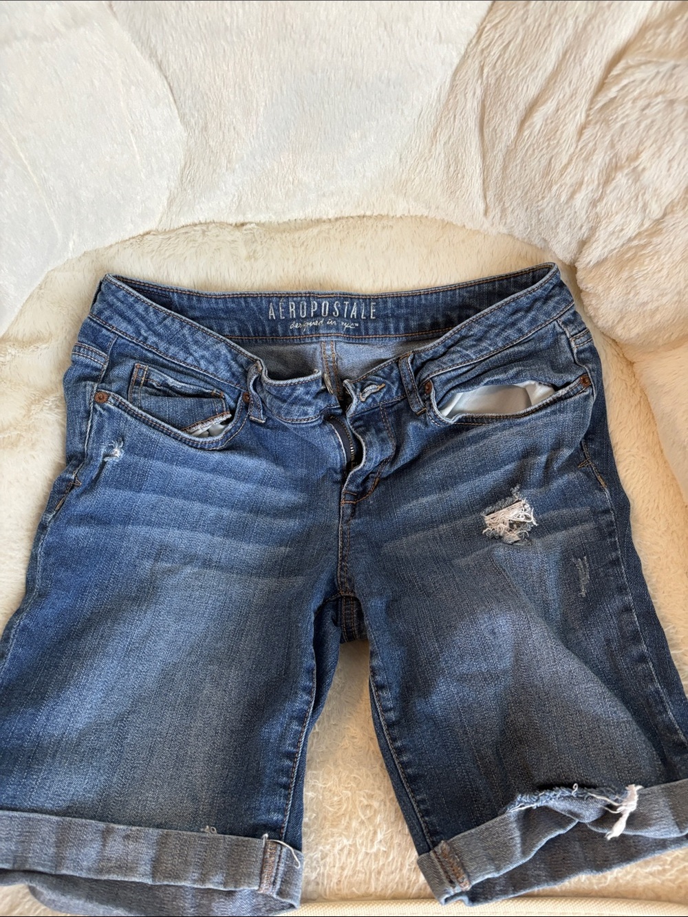 Aeropostale Women's Blue Distressed Denim Bermuda Shorts
